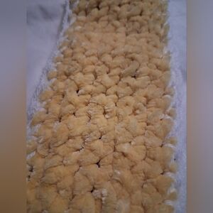 Soft Lemon Yellow Popcorn Plush Knit Scarf with White Crochet Trim Cozy 55"
